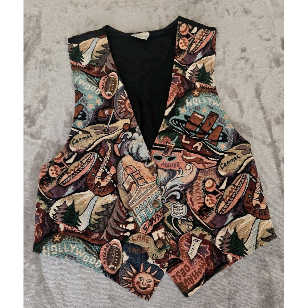 VTG 90s Backroad Blues California Tapestry Vest Novelty unique Travel M/L rare
